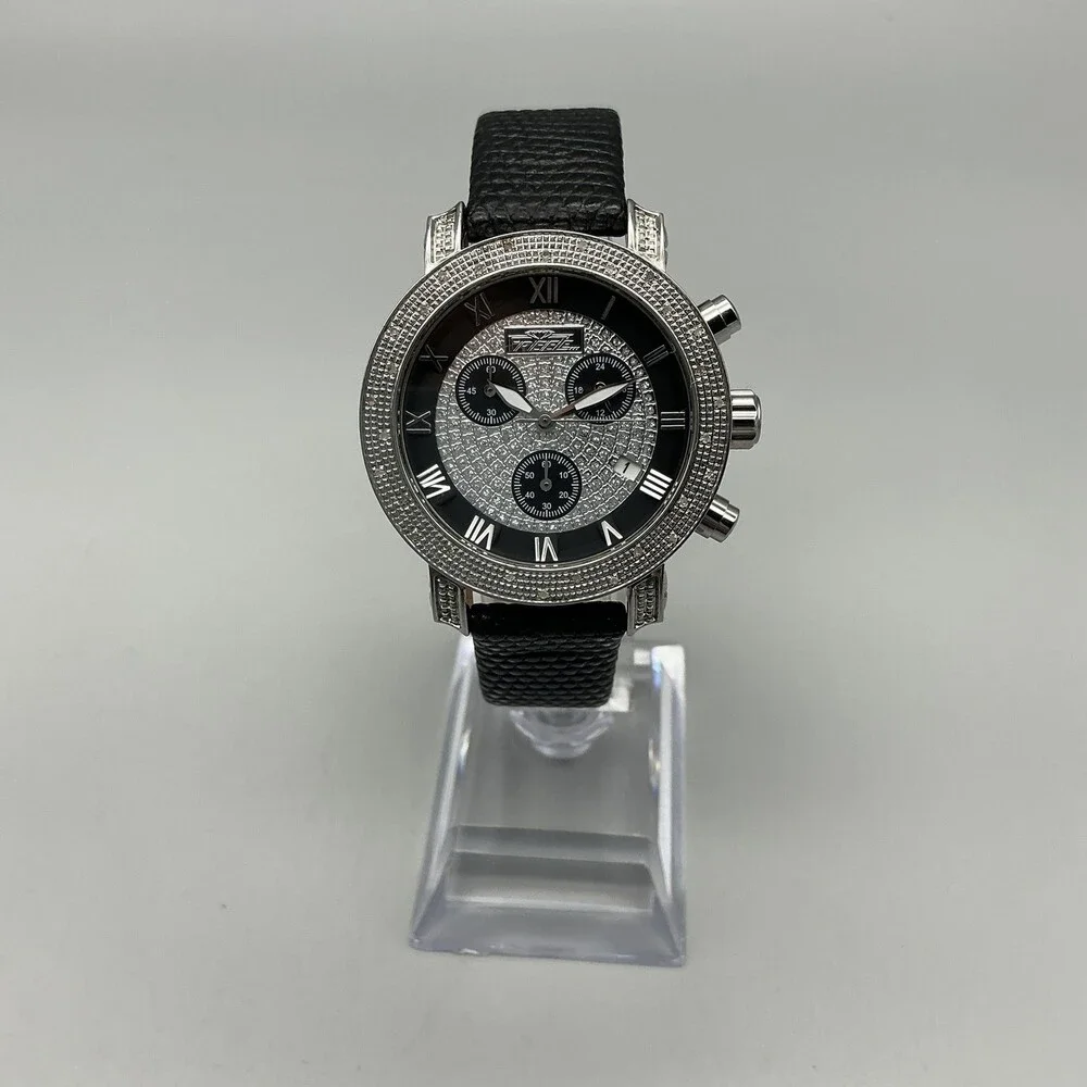 Freeze Mens Watch 36mm Silver Tone Black Diamond Leather Chronograph FZ07161627